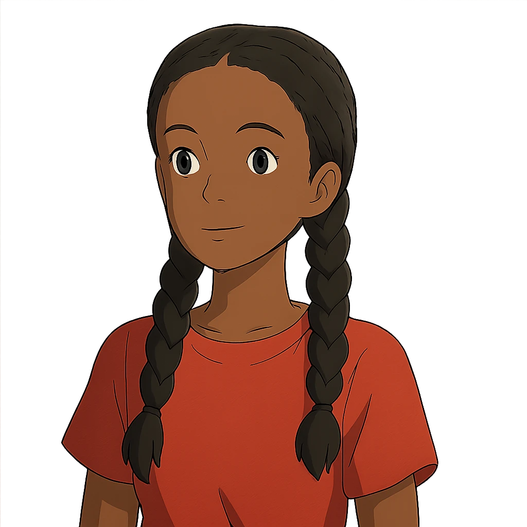 ghibli style dark skin girl with braids and red shirt emoji