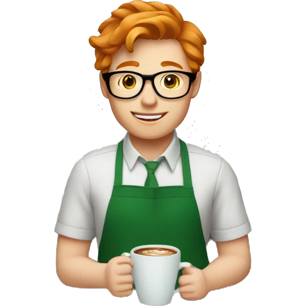 A barista boy ginger hair in a green apron wearing glasses holding a cup of coffee emoji