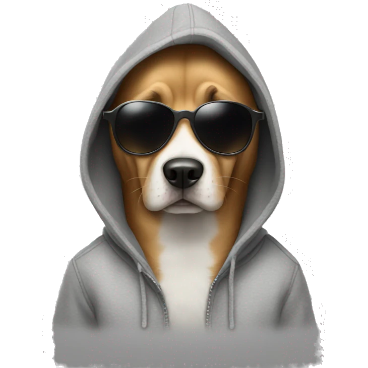 Dog wearing a hoodie with sunglasses emoji