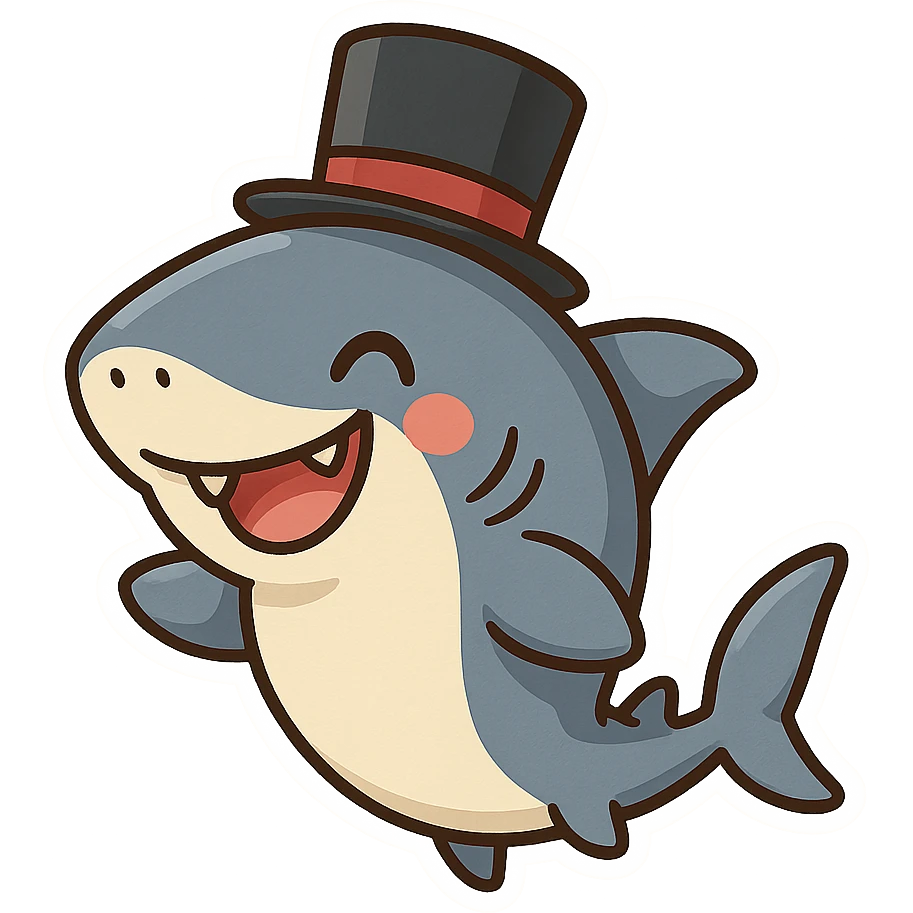 a fun and whimsical shark wearing a top hat, playful and charming cartoon style emoji