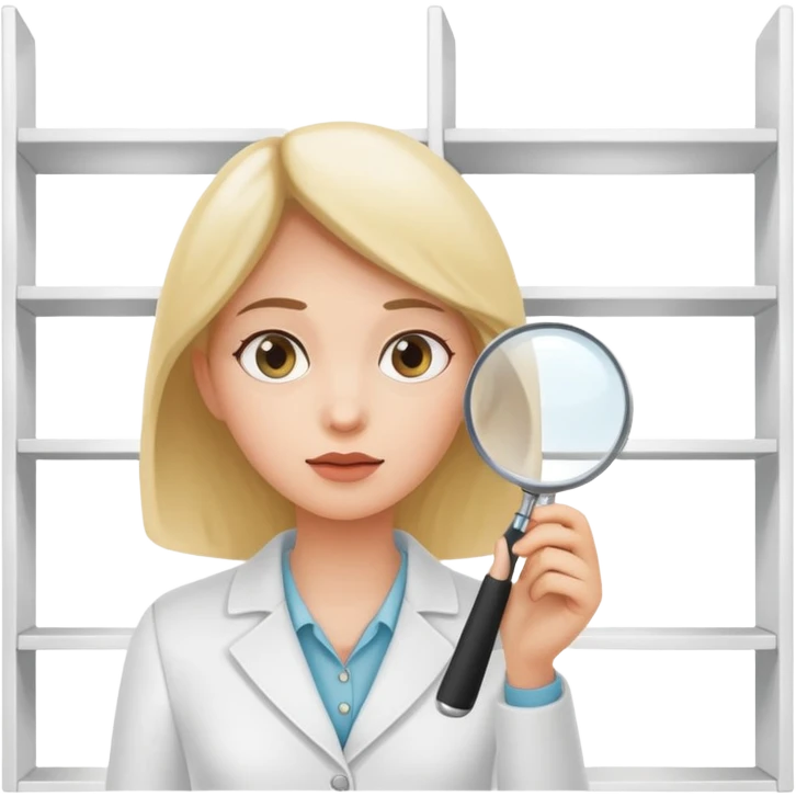 emoji of white empty shelf in perspective view with a standing woman nearby, she is looking at the shelfs with a magnifying glass emoji