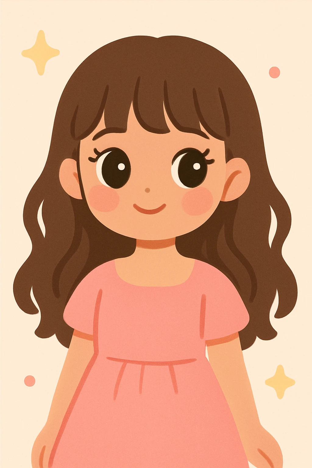 cute girl with medium skin, soft pinkish cheeks, large bambi dark hazel eyes with long eyelashes, long wavy brown hair with bangs, medium straight nose with a soft tip, medium natural red lips, very feminine and pretty features, wearing a beautiful pink dress emoji