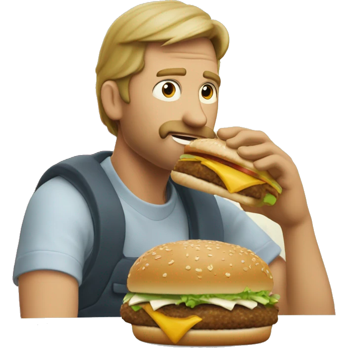 Show a white man eating a big mac. Add the label "Palkin' Burger - Just the right amount of spice!" emoji