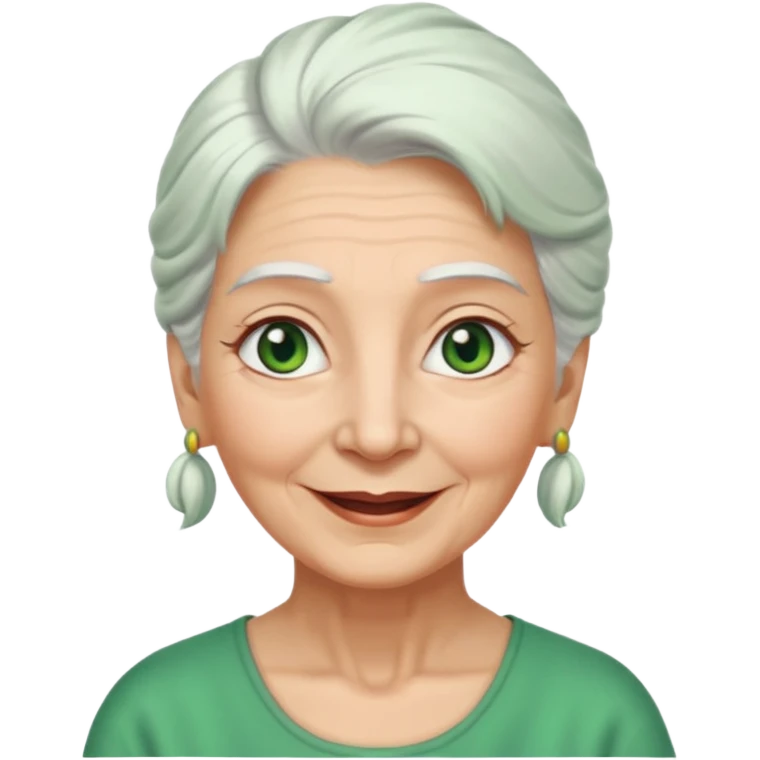 abuela con ojos verdes, pelo blanco, pelo blanco y amarrado, aspecto feliz, pelo blanco, no verde, solo verde los ojos emoji