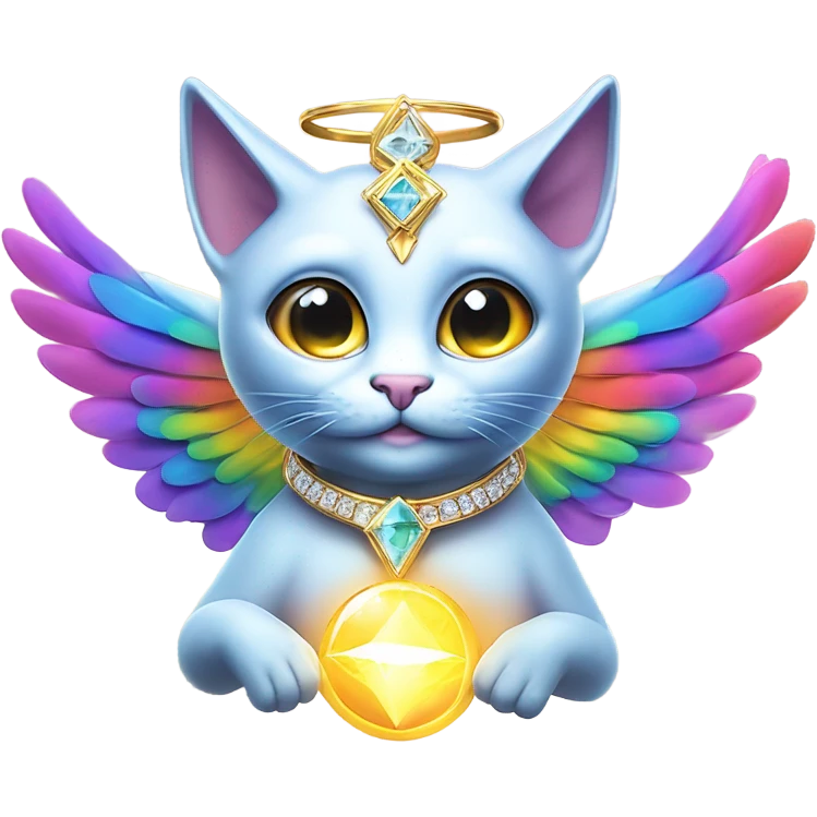 Transcendent Heavenly Rainbow 4d Diamond ultra mega surpream Omni-Cat God with wings and a ring around its body and another ring above it’s head  emoji