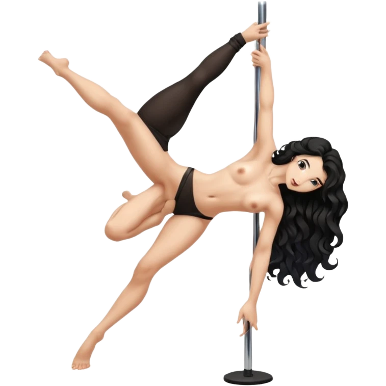 Naked girl, bare chest, bare hips, pole dance pose, sexy pose, long black wavy hair, full body nude, sexy, naked emoji