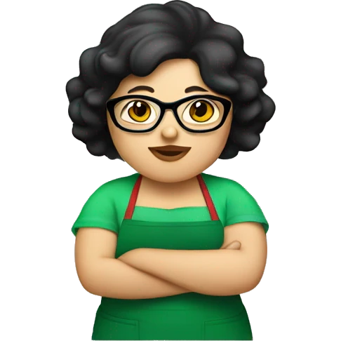 chubby lady with black hair green apron  with glasses cooking tacos emoji