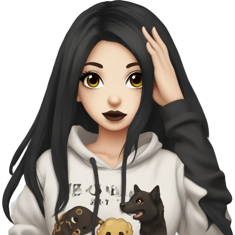 hime gyaru girl, tattoos, pale skin with brown eyes and black hair, dark makeup, black hoodie emoji