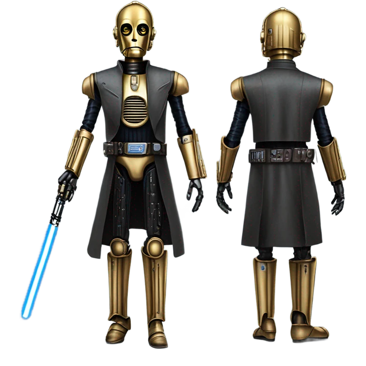 tarnished undercover tough well-equipped jedi first order life-sized darkblue-pearl C3po as a friendly bounty hunter droid wearing a leather clothing old west duster coat holding light saber emoji