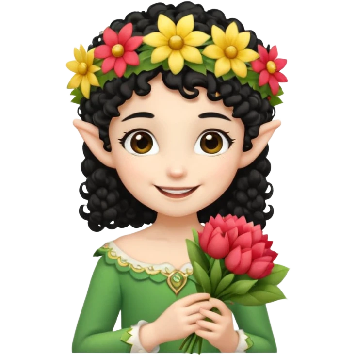 tiny Elf with Flower Crown, curley hair black, with flower bouquet emoji