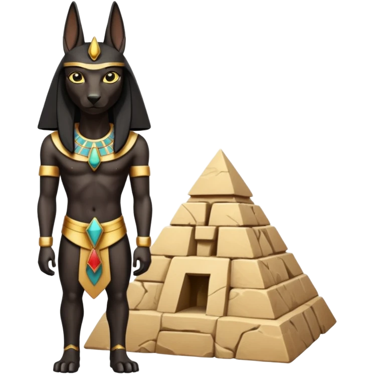 Kindly alien Protecting silky black-haired tiny statuette scale Anubis and pyramid scenery stone-age cracked irregular   emoji