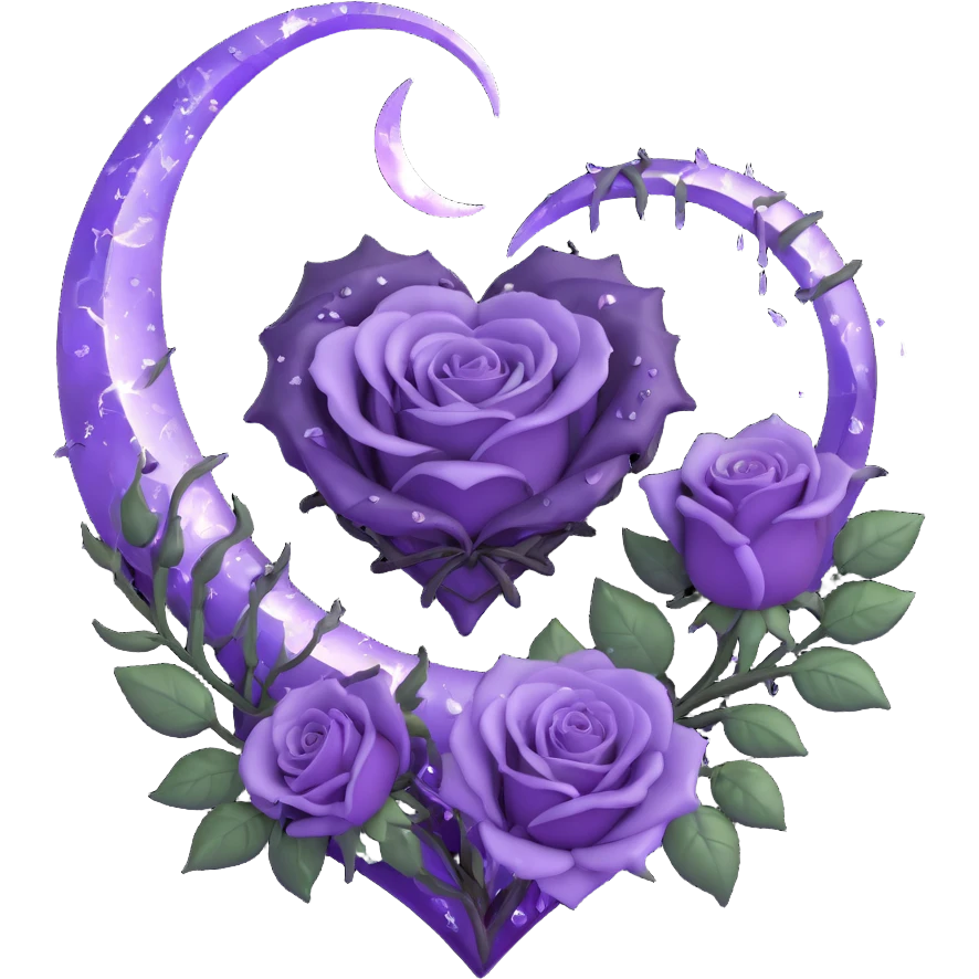gothic heart, lavender purple glass, silver crescent moon, dark purple roses, iridescent stardust, white lightning, glossy rain effect, fractured glass texture emoji