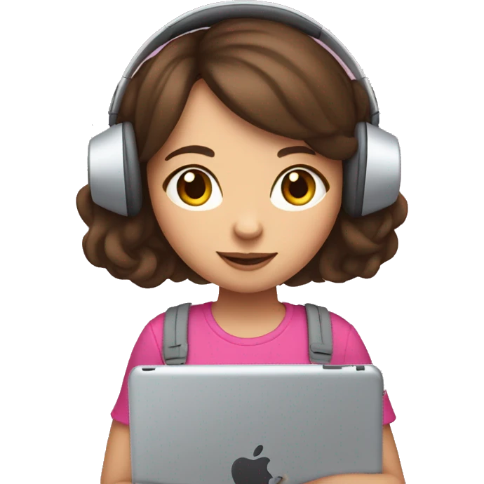 Brunette haired girl wearing pink cat headphones holding an ipad emoji