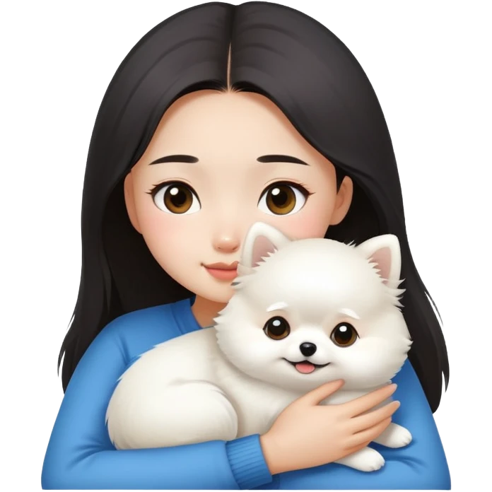 Asian girl hug small white Pomeranian emoji