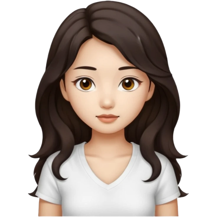 iOS style emoji. girl with very long dark brown wavy hair. And the eyes color is dark brown. And she is wearing white t shirt with V kneck. And she is 30. She is Asian with double eyelids  emoji