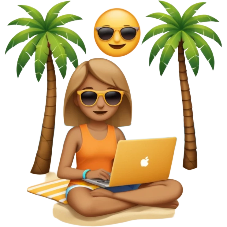 A minimalist emoji-style icon: A gender-neutral person sitting with a laptop on the beach. A palm tree nearby, sun and sea in the background. Relaxed, summery atmosphere. Simplified shapes, no detailed facial features, clean emoji-like design. emoji