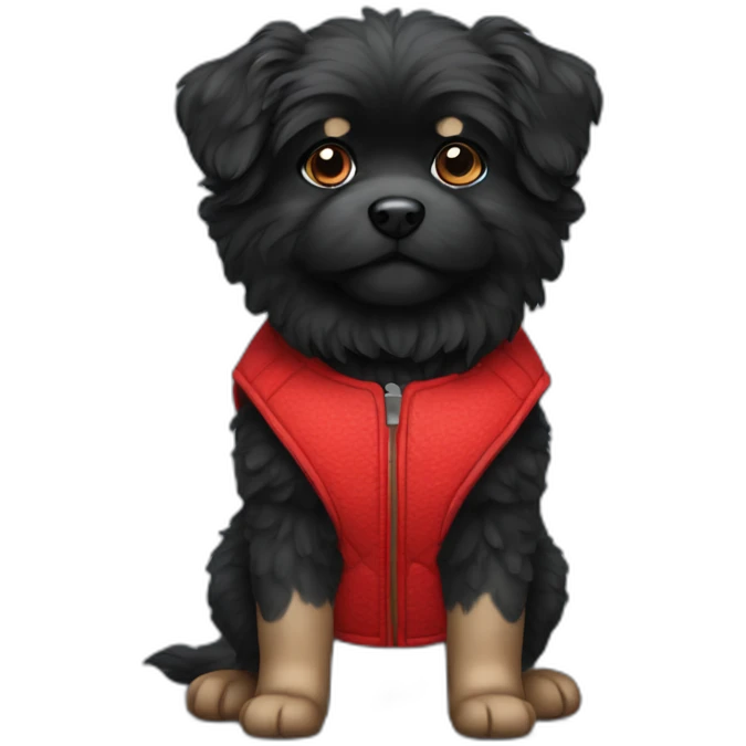small black fluffy dog wearing red vest emoji