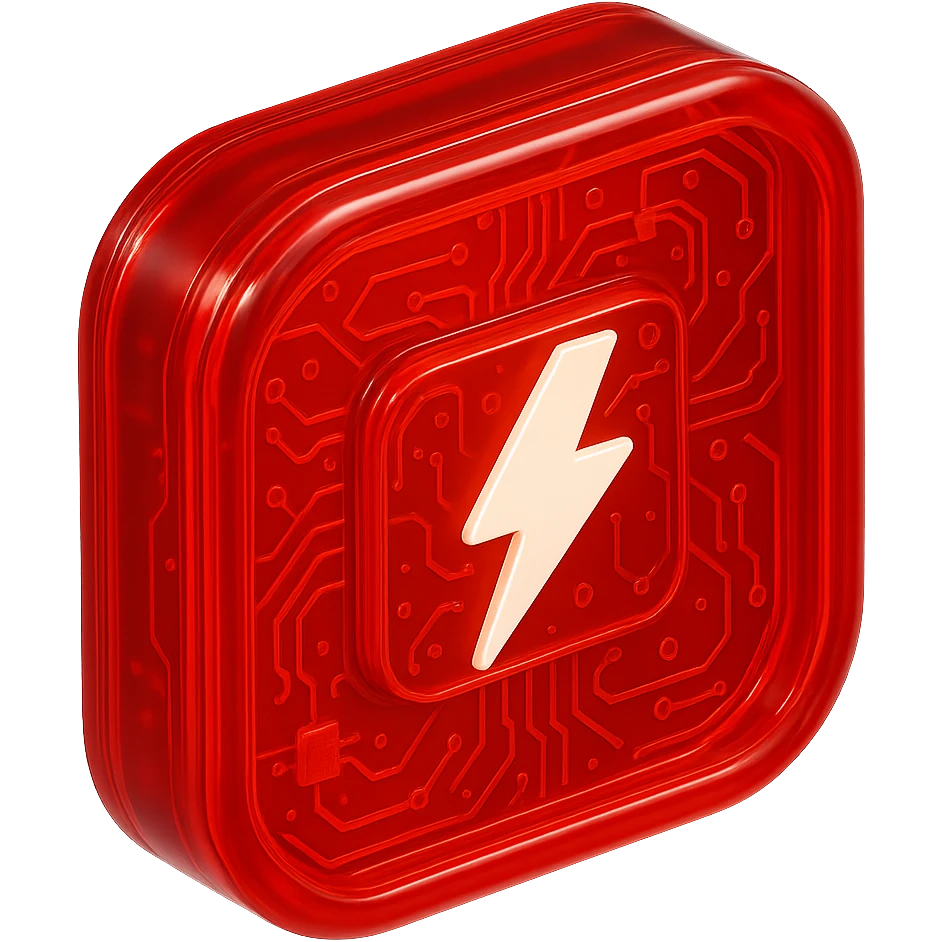 Replace the play button inside the YouTube logo with a pure white lightning bolt. Keep the lightning bolt inside the logo shape, not as the play button shape. Maintain the vivid red background, intricate circuit lines, and vibrant glossy circuit style. emoji