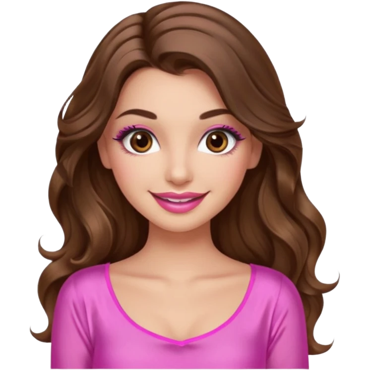girl with long wavy brown hair, brown eyes, long lashes makeup, sexy pink lips, light to medium complexion, wearing a pink sexy silk top, smiling emoji