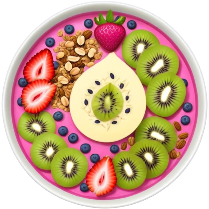 colorful smoothie bowl with dragonfruit, kiwi, strawberries, granola emoji