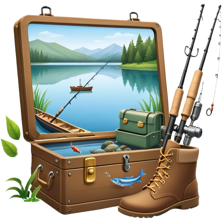 Icon for Fishing Travel: a fishing rod, tackle box, boots, and a boat by a serene lake, with fish jumping out of the water and surrounded by lush nature. The icon should capture the peaceful and adventurous spirit of fishing trips. Transparent background. emoji