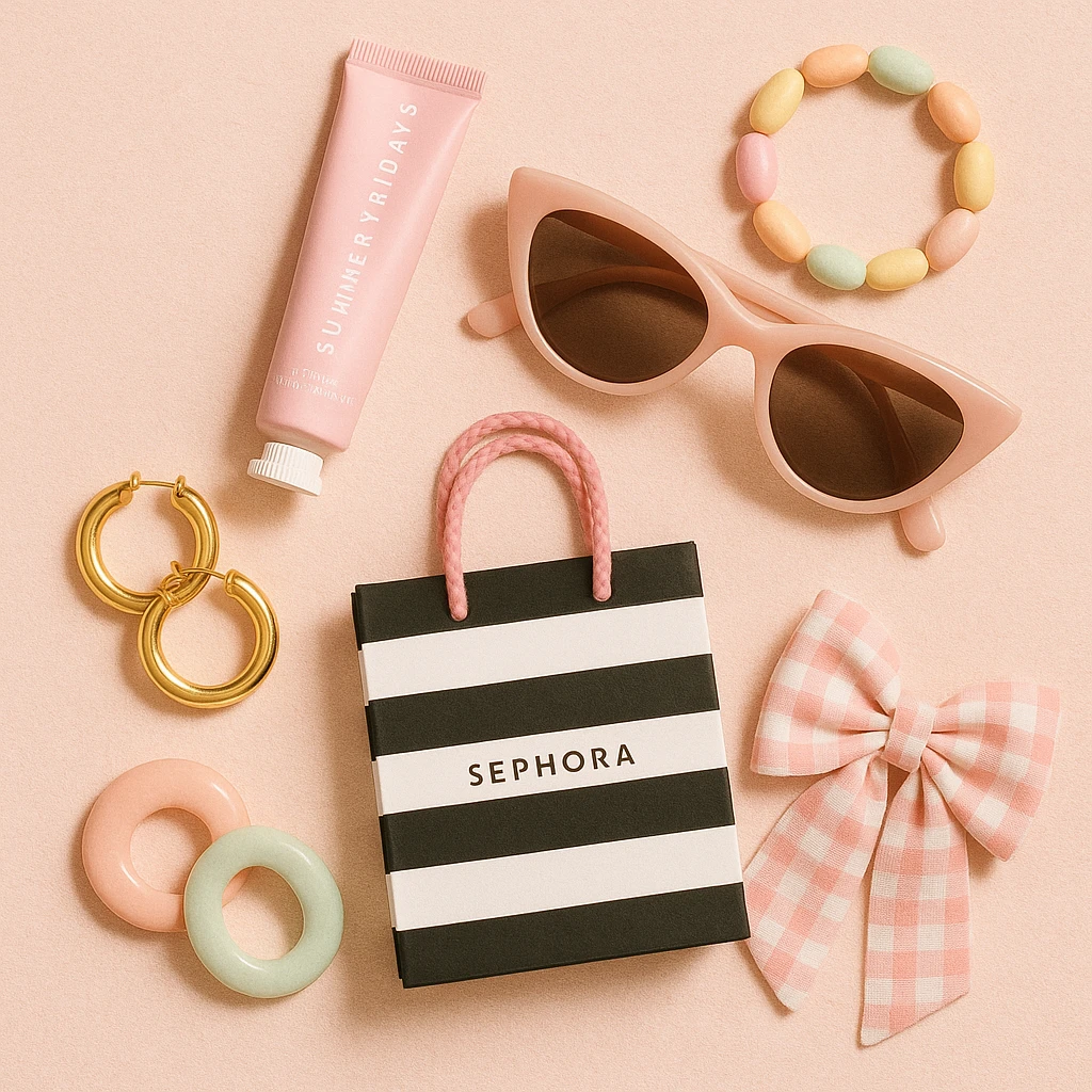 Girly, preppy flat lay: pink Summer Fridays lip balm, Sephora bag, sunglasses, and pastel accessories, all in a soft, summery color palette emoji