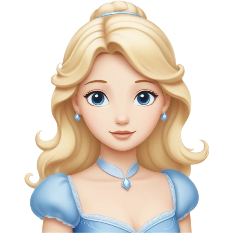 Cinematic Serene Cinderella Portrait Emoji, rendered in a realistic, vector-style with minimal shading. Depict a gentle Cinderella (chest and above) with porcelain skin, smooth blonde hair falling in soft waves, and calm, inviting eyes. Dressed in her modest daytime dress, she exudes quiet grace and pure enchantment, highlighted by a soft glowing outline. emoji