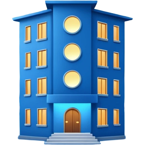 modern blue apartment exterior under a glowing moon emoji