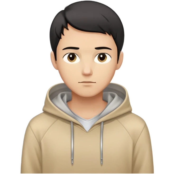 man with short black hair, slender build, light brown hoodie over white inner garment, silver necklace, calm demeanor, gentle expression, looking straight ahead emoji