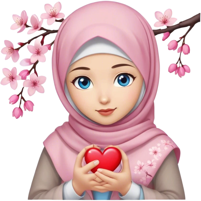 Turkish beautiful finish Konya girl blue eyes with cherry blossom flower design hijab and hold heart in her hand  emoji