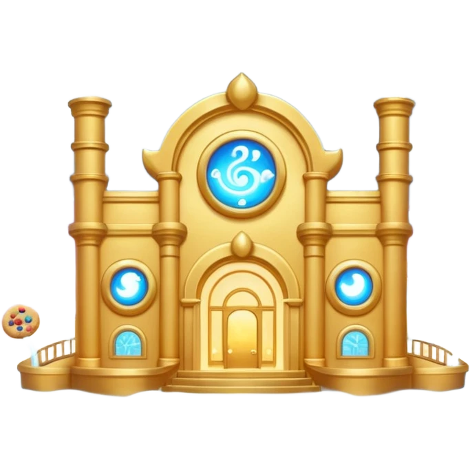 Exterior of a divine floating cookie factory, golden architecture with radiant pipes flowing with energy, infinite cookie stream from the entrance, glowing aura, celestial clouds surrounding it, emoji-style emoji