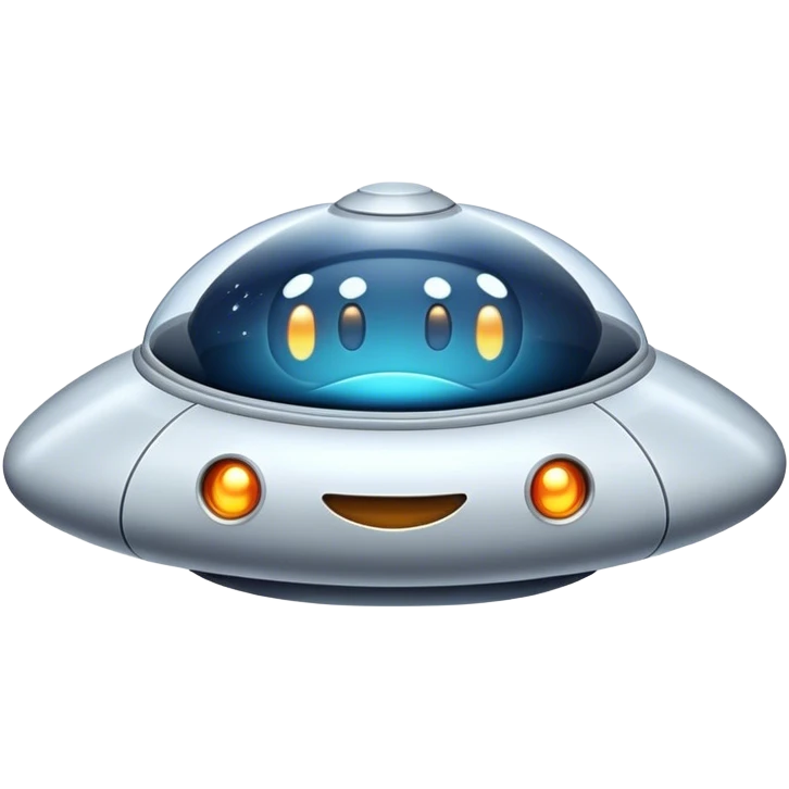 Design a simple, friendly spaceship with a smooth, rounded shape. Add a clear 'face' on the front using glowing lights for eyes and a curved line for a smile, giving it personality. Use a plain background to keep the focus on the ship emoji