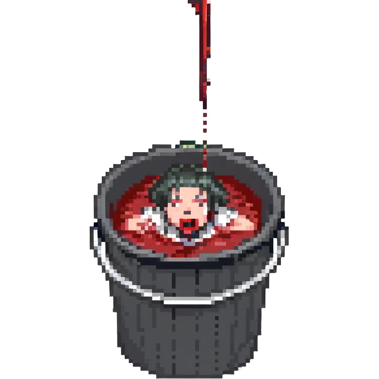 a person dunking their head into a bucket of water that turns into blood emoji