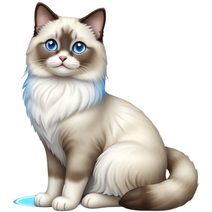 Cinematic-Seal-Ragdoll-Cat-Realistic-Full-Body-Sitting-Emoji – Tail curled playfully around its paws, head tilted dramatically, fluffy brown-and-white fur with darker seal points, simplified yet realistic focused features, highly detailed, glowing with an almost sarcastic glow, piercing blue eyes radiating elegance and charm. emoji