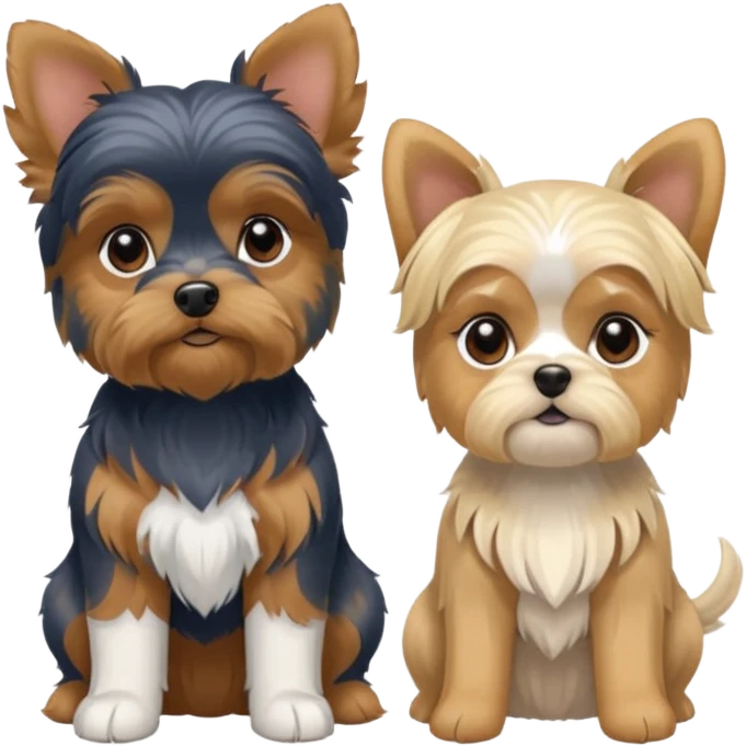 Generate a blue and tan purebred yorkie with a blonde shi tzu yorkie mix with floppy ears sitting next to each other. Make them the same soze emoji