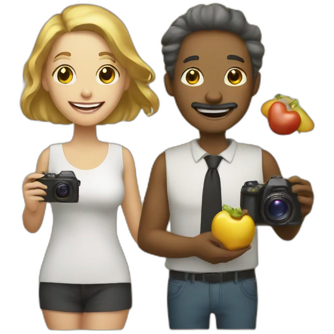 golden modern man and woman friends with camera in one hand and food in other hand, happy smiling emoji