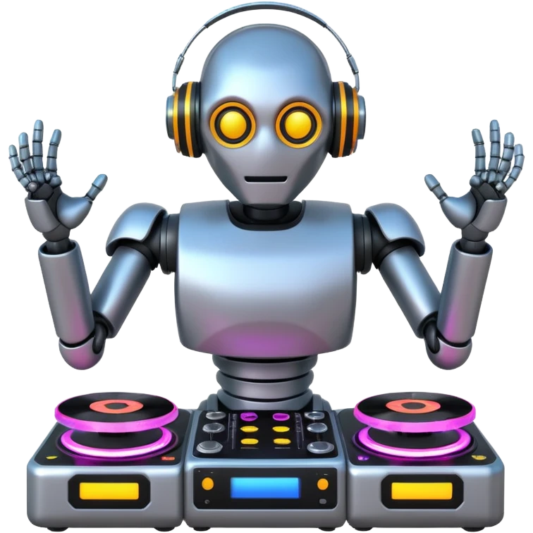Robot DJ with neon glowing turntables, 8k emoji