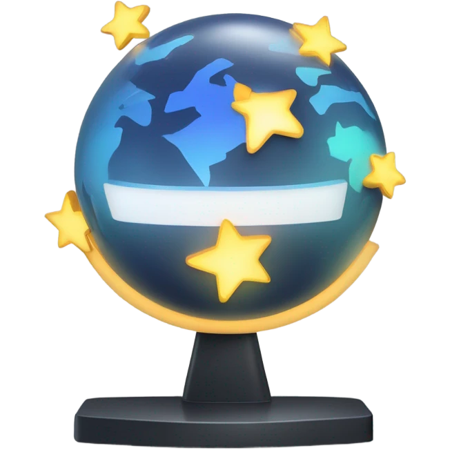 A news anchor desk icon with three glowing stars above it, styled with a sleek, modern design and glowing accents. emoji