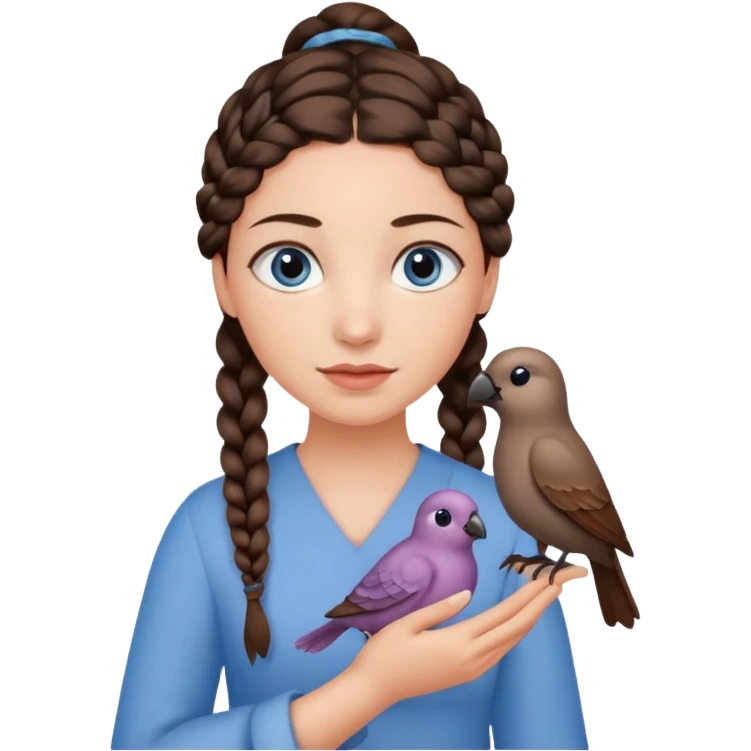 женщина с одной темно-коричневой косичкой серо-голубыми глазами и светлой кожей держит на руке трех птиц коричневого цвета emoji
