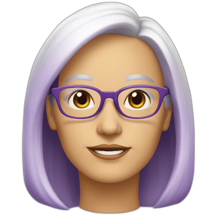 una profesora de edad madura, blanca, pelo largo marron oscuro, usa lentes redondeados con marcos color violeta emoji