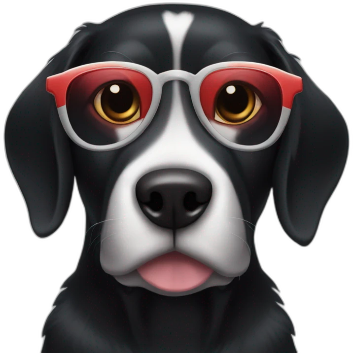 A black dog with a white snout, a white stripe down the middle, and red glasses." emoji