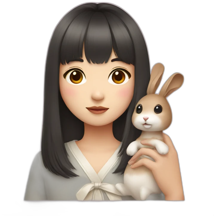 korean girl with bangs holding rabbit emoji