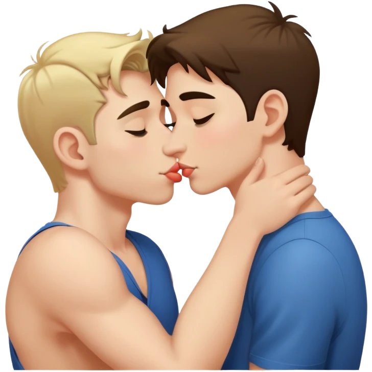 Two young guys kissing, one touching the other's ass emoji