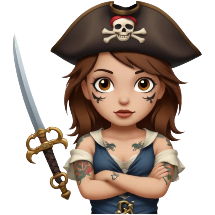 Pirate girl Brown hair brown eyesz white skin, naked with tattoos emoji