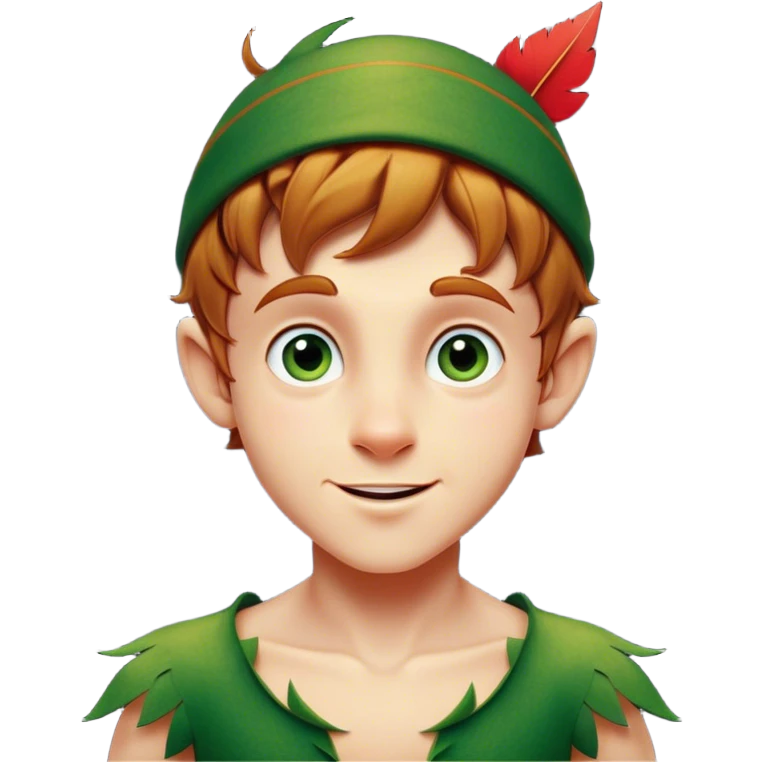 Cinematic Realistic Peter Pan Portrait, head tilted dramatically with an exaggeratedly amused expression, featuring sparkling eyes filled with playful mischief. His iconic outfit is rendered in vivid detail with dynamic shadows, capturing the delightful interplay of bravery and whimsy that defines his timeless character. emoji