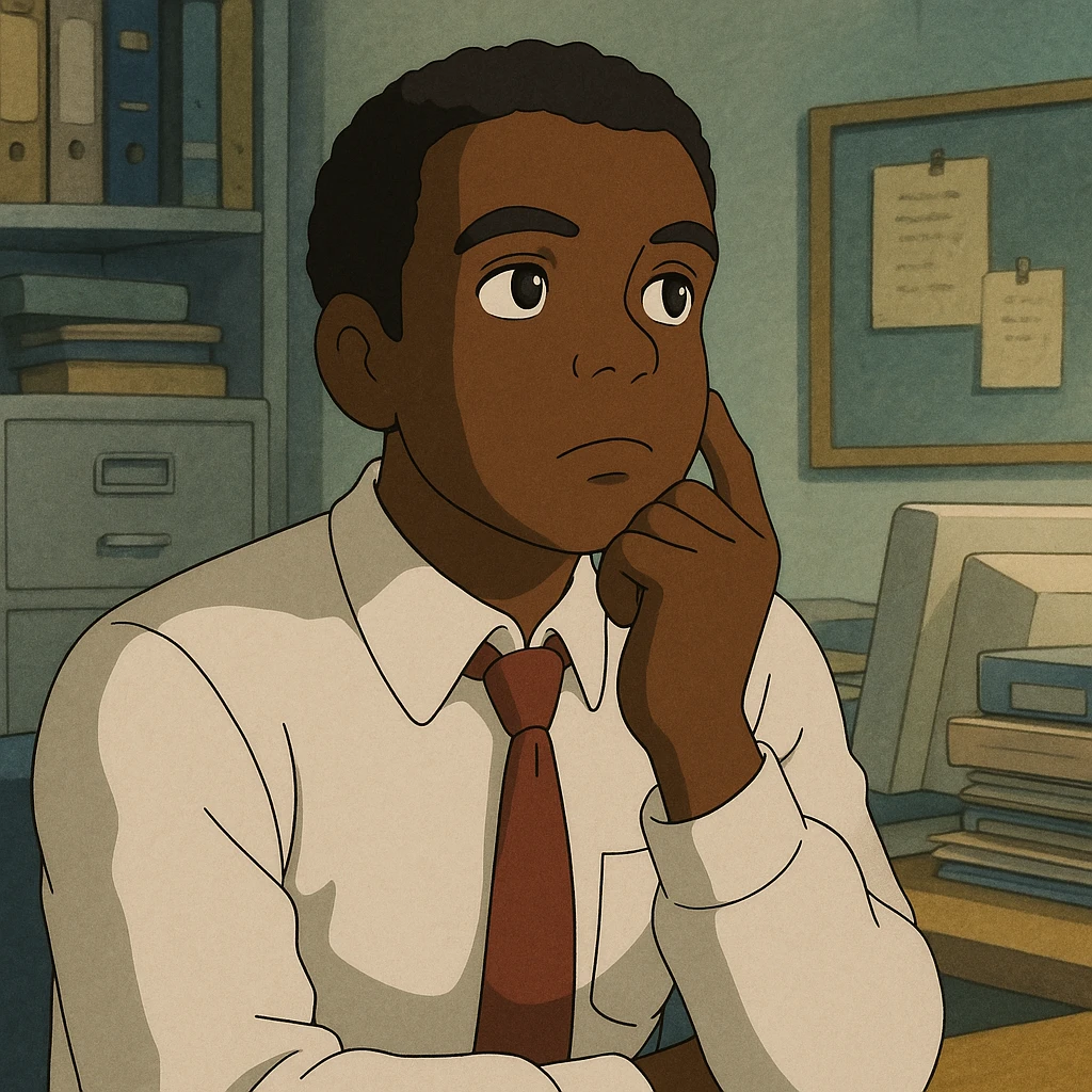 Black office employee, white shirt, thinking emoji