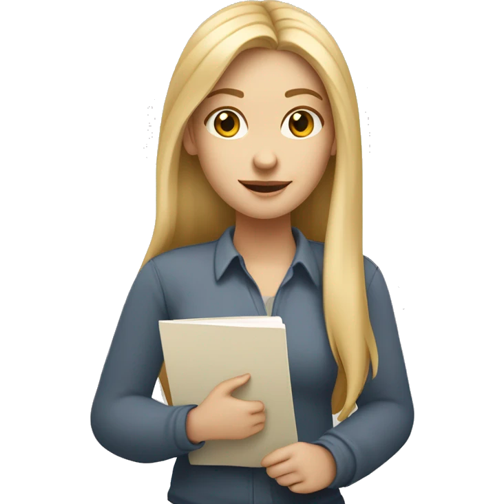 A detailed emoji-style illustration of a white girl with long blonde hair holding a notepad in her hand. The girl should have a friendly expression, and the design should be in the style of common emoji characters, simple yet expressive. emoji