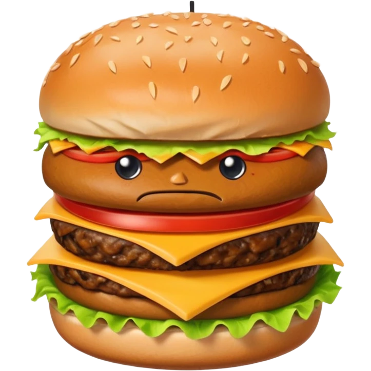 Burguro And Fryuro is two separate entities. The one on the left is a burger, consisting of 2 buns, lettuce, cheese, meat and tomatoes. The burger expresses a angry expression. While the one on the right is a carton of fries, also having a slightly annoyed expression. emoji