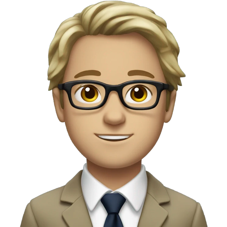 WHITE boy. Hair: Messy, medium-length brown hair covering the ears and forehead. Outfit: A formal school uniform featuring a white shirt with an open collar, a green striped tie, a navy sweater underneath, and a beige blazer on top. Black glasses emoji
