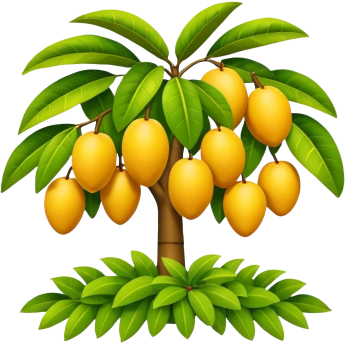 A 3D cartoon mango tree with golden-yellow mangoes visible among dense leaves, sunny atmosphere, Memoji-style rendering. emoji